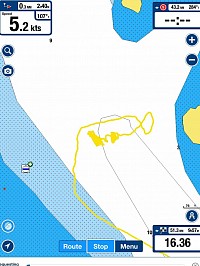 Yellow blobs show track at anchor. Sudden difference when the anchor sail was taken in