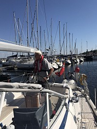 Jon Erik steering Siller Lass out of our home harbour.